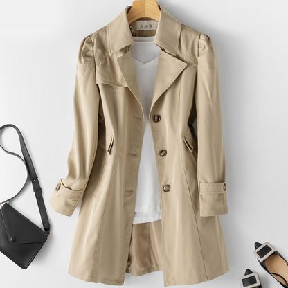 Women's Padded Shoulder Trench Coat with One-Button Closure