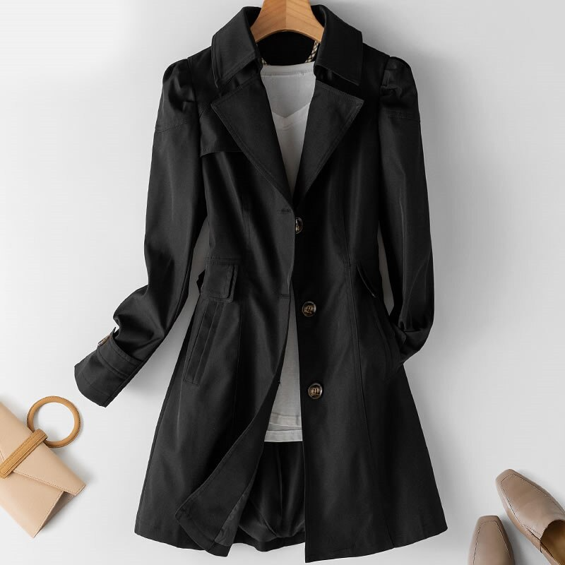 Women's Padded Shoulder Trench Coat with One-Button Closure