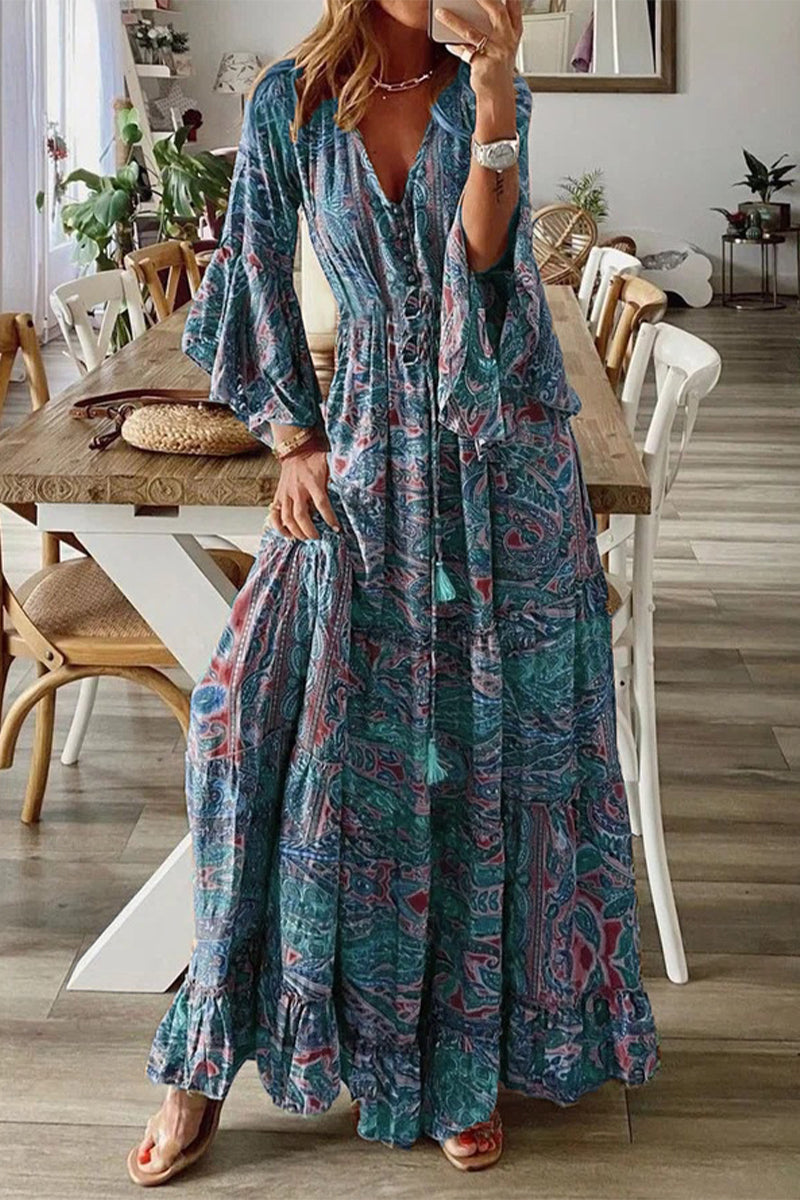 Bohemian V-Neck Dress with Flared Trumpet Sleeves
