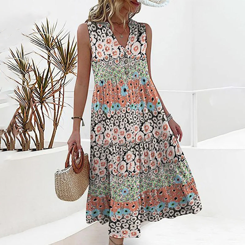 Stylish Sleeveless V-Neck Dress with Chic Floral Print for Summer