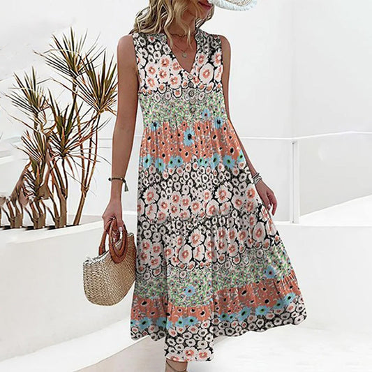 Stylish Sleeveless V-Neck Dress with Chic Floral Print for Summer