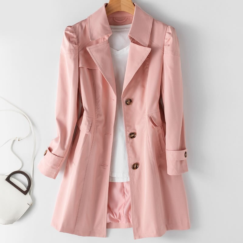 Women's Padded Shoulder Trench Coat with One-Button Closure