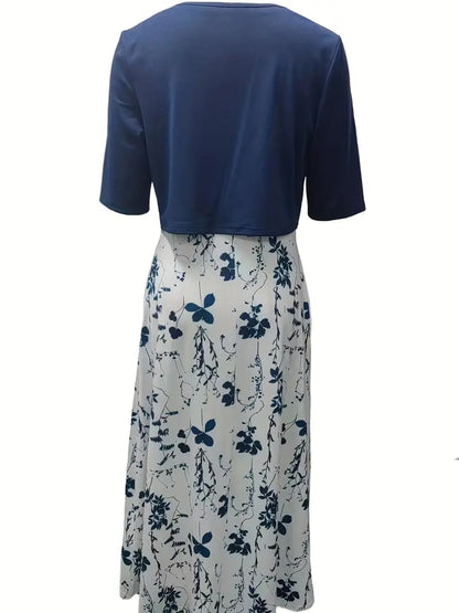 Stylish Floral Two-Piece Dress Set with Solid Crop Top and Round Neckline