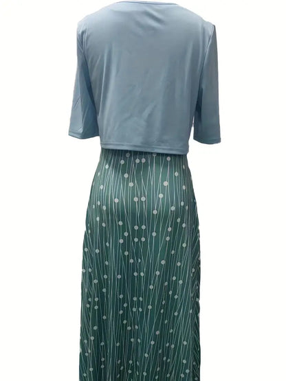 Stylish Floral Two-Piece Dress Set with Solid Crop Top and Round Neckline