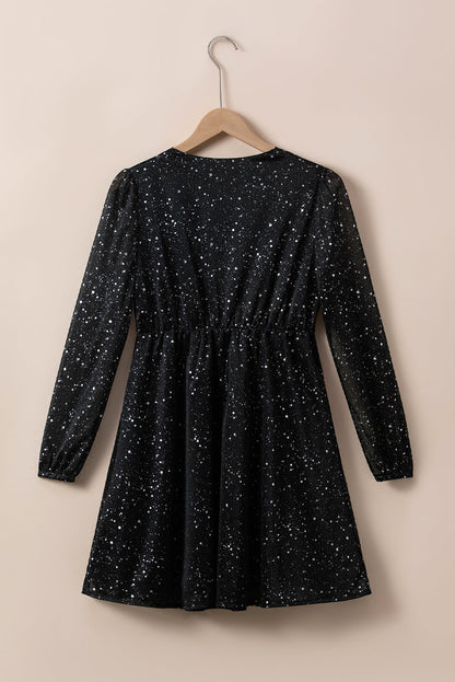 Elegant Black Glitter Dress with Stylish Mesh Overlay
