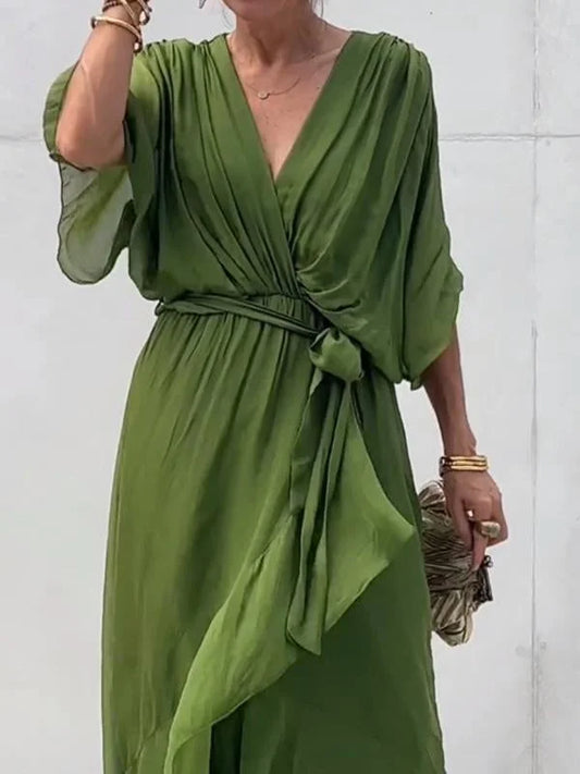 Women's Green Chiffon V-Neck Dress for Summer