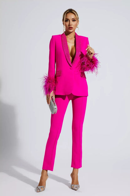 Feather-Trimmed Blazer Set Adorned with Diamonds