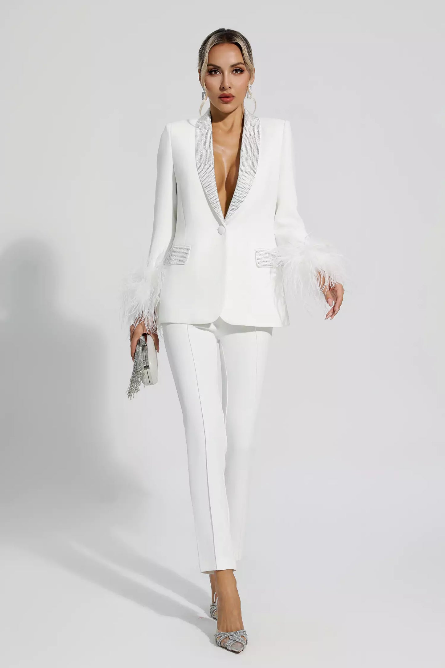 Feather-Trimmed Blazer Set Adorned with Diamonds