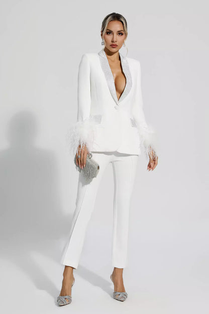 Feather-Trimmed Blazer Set Adorned with Diamonds