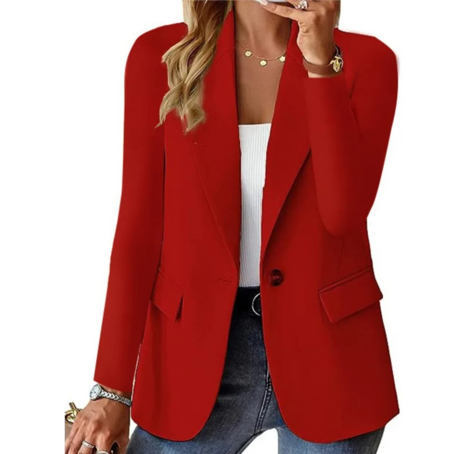 Women's Blazer with Button Closure and Functional Pockets