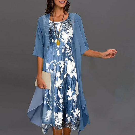 Elegant Floral Three-Quarter Sleeve Dress