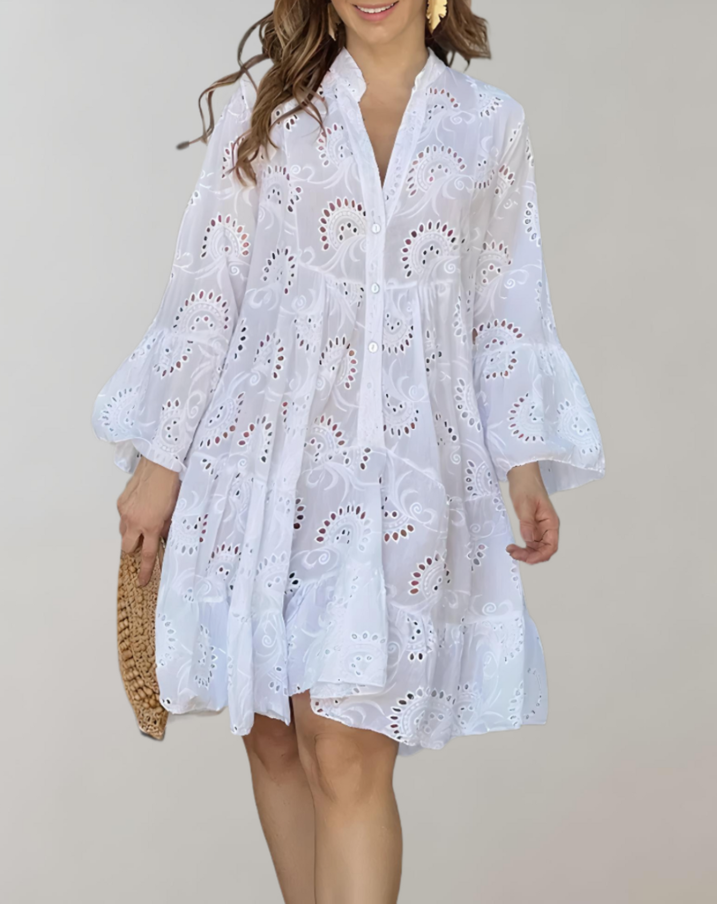 Chic V-Neck Embroidered Dress with Bell Sleeves for Effortless Comfort