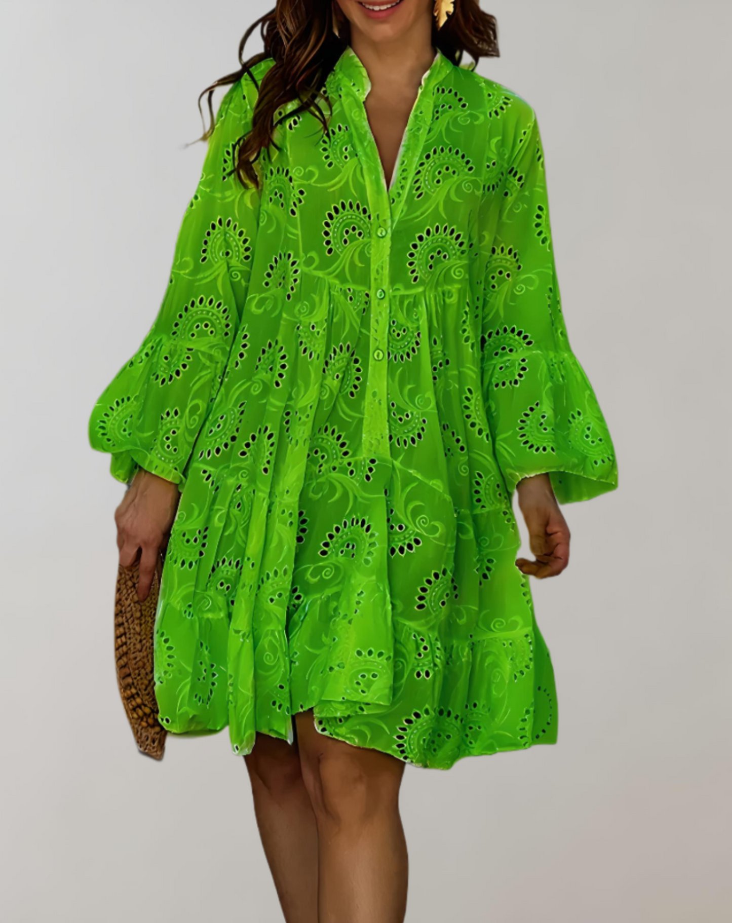 Chic V-Neck Embroidered Dress with Bell Sleeves for Effortless Comfort