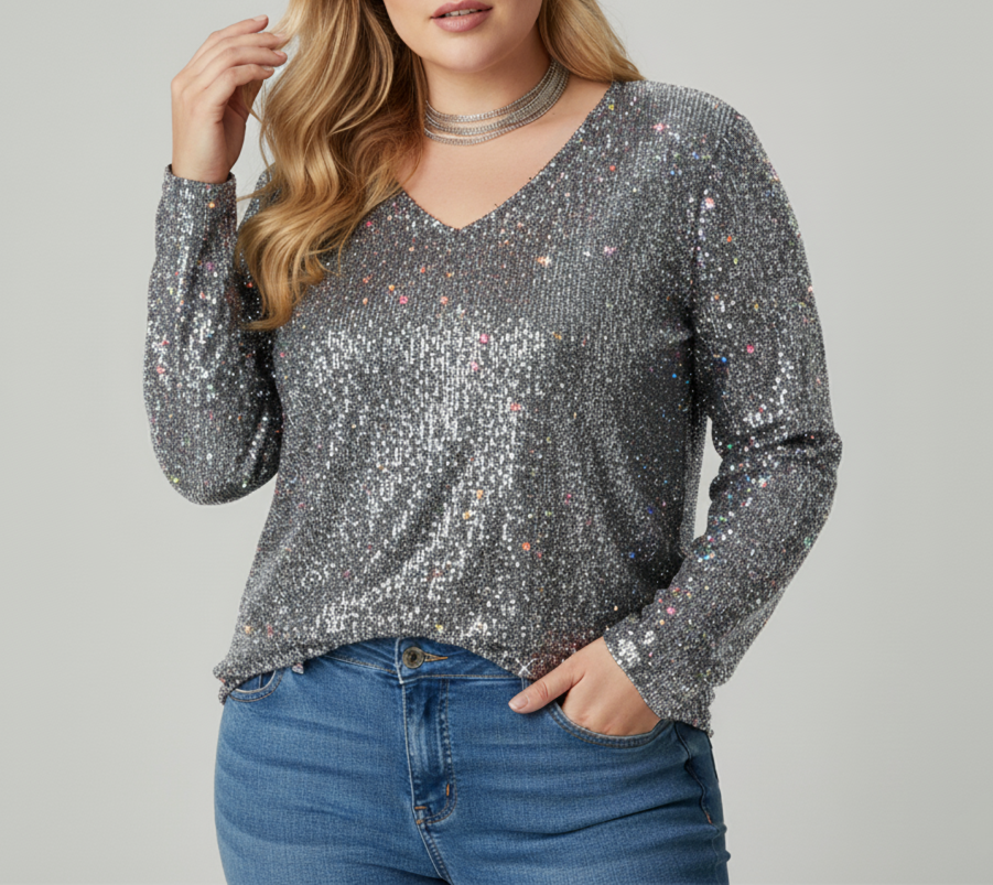Chic Plus Size V-Neck Shimmer Top for Women