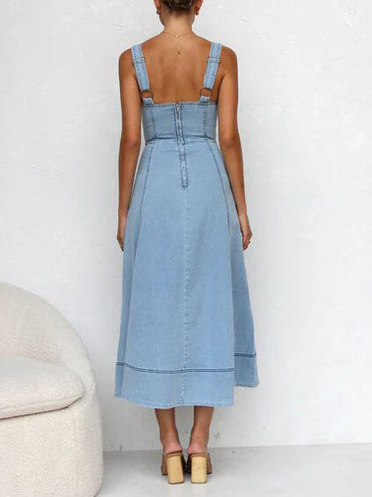 Casual Strap Denim Midi Dress with Button-Up Detail