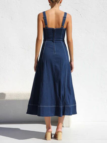 Casual Strap Denim Midi Dress with Button-Up Detail