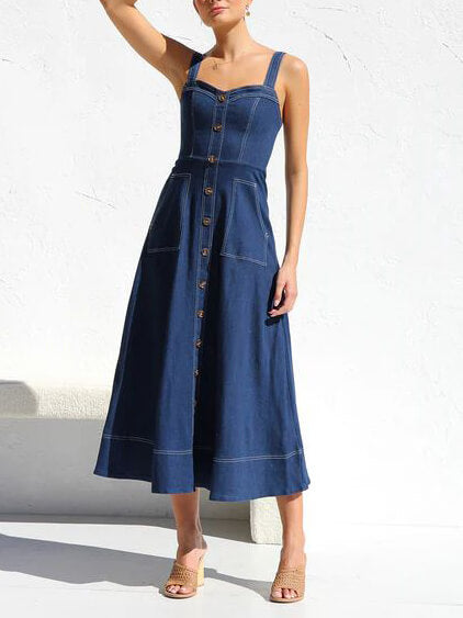 Casual Strap Denim Midi Dress with Button-Up Detail