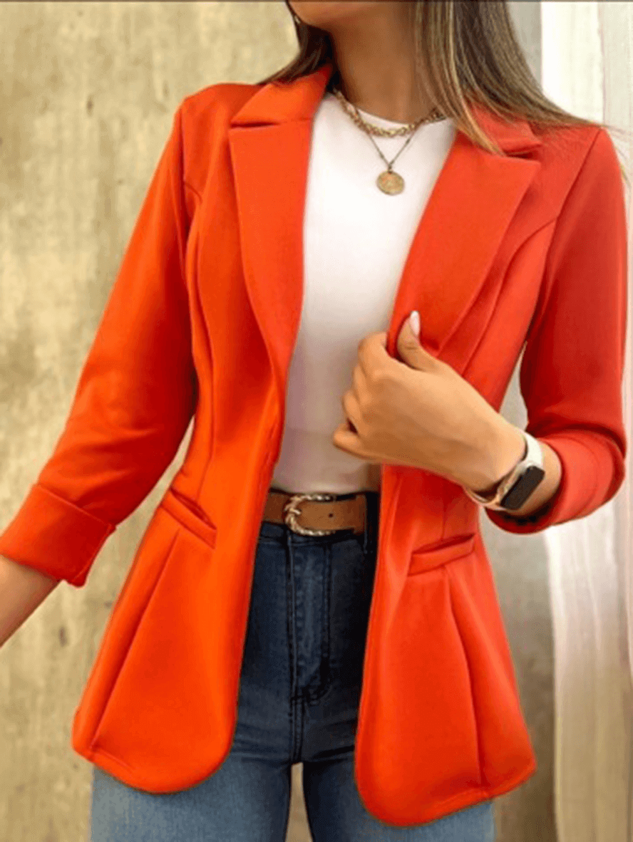 Stylish Women's Solid Blazer with Pockets, Lapel Collar, and Long Sleeves