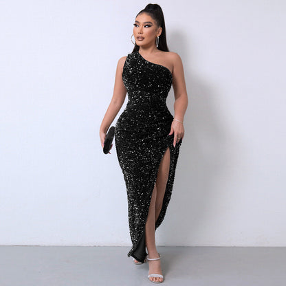 Stylish One-Shoulder Sequin Gown with Bold High Slit
