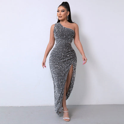 Stylish One-Shoulder Sequin Gown with Bold High Slit