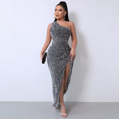 Stylish One-Shoulder Sequin Gown with Bold High Slit