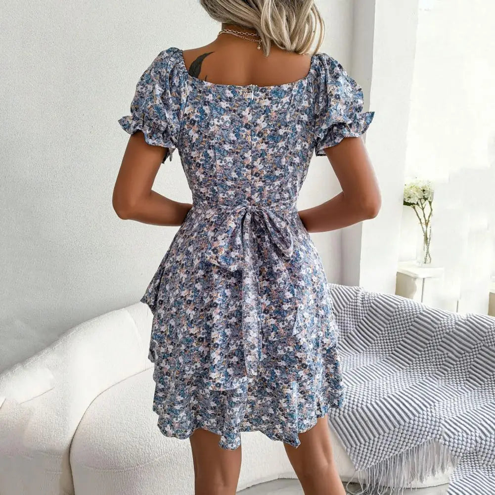 Square Neck Floral Puff Sleeve Dress