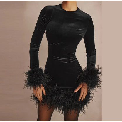 Elegant Sheath Dress with Feather-Trimmed Sleeves