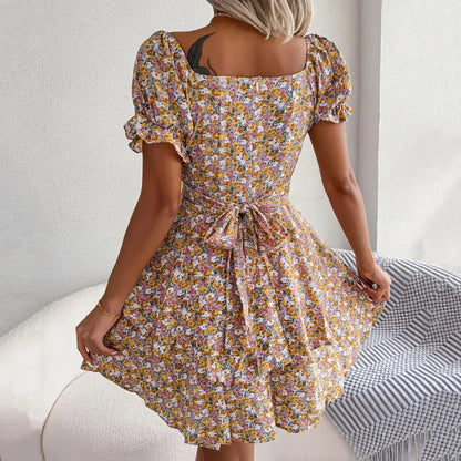 Square Neck Floral Puff Sleeve Dress