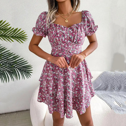 Square Neck Floral Puff Sleeve Dress