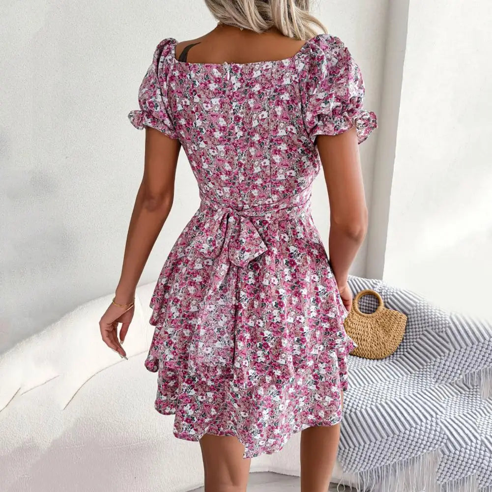 Square Neck Floral Puff Sleeve Dress