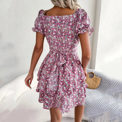 Square Neck Floral Puff Sleeve Dress