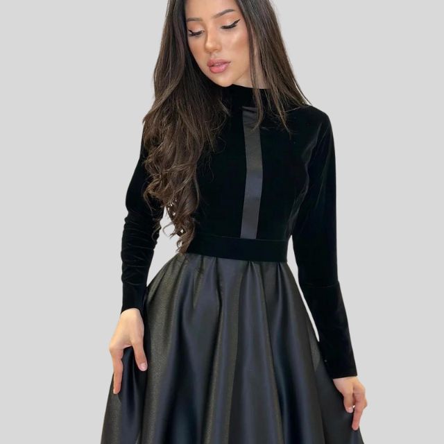 Elegant Velvet Turtleneck Dress with Flared Hem