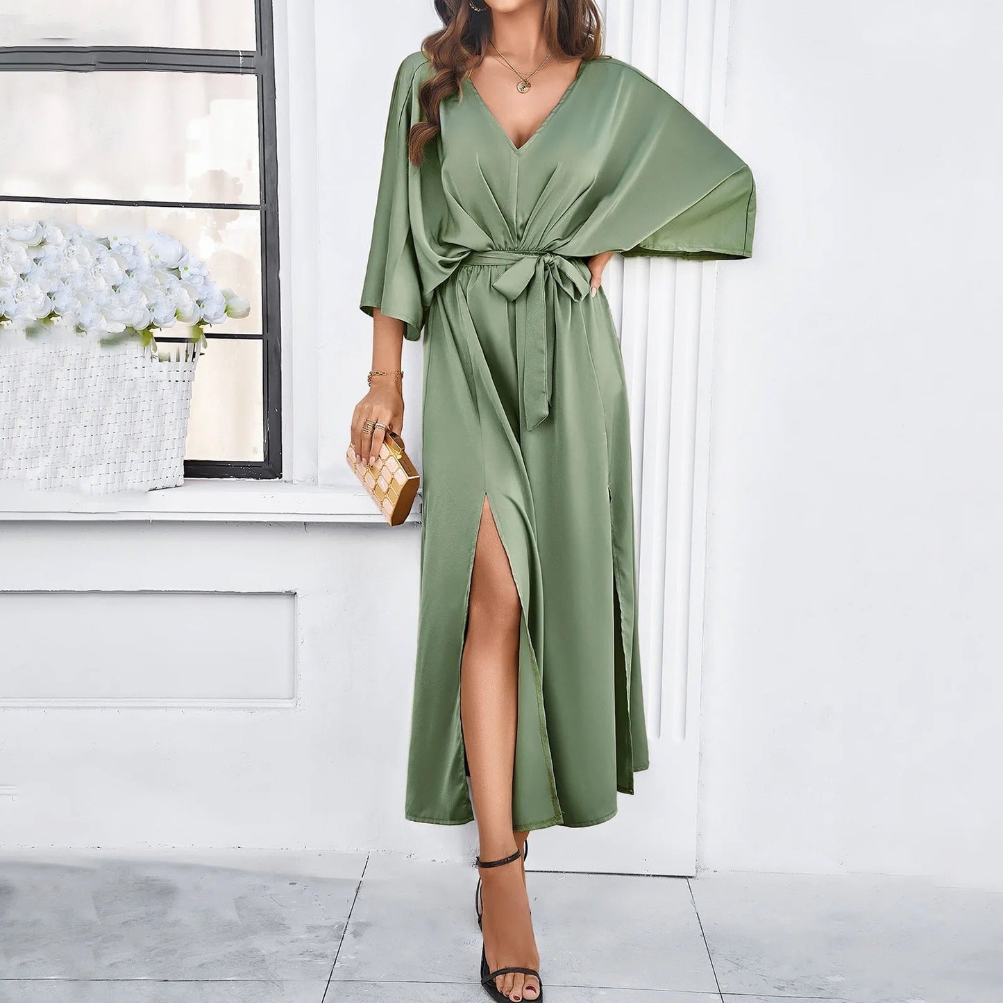 Taupe Wrap-Style Dress