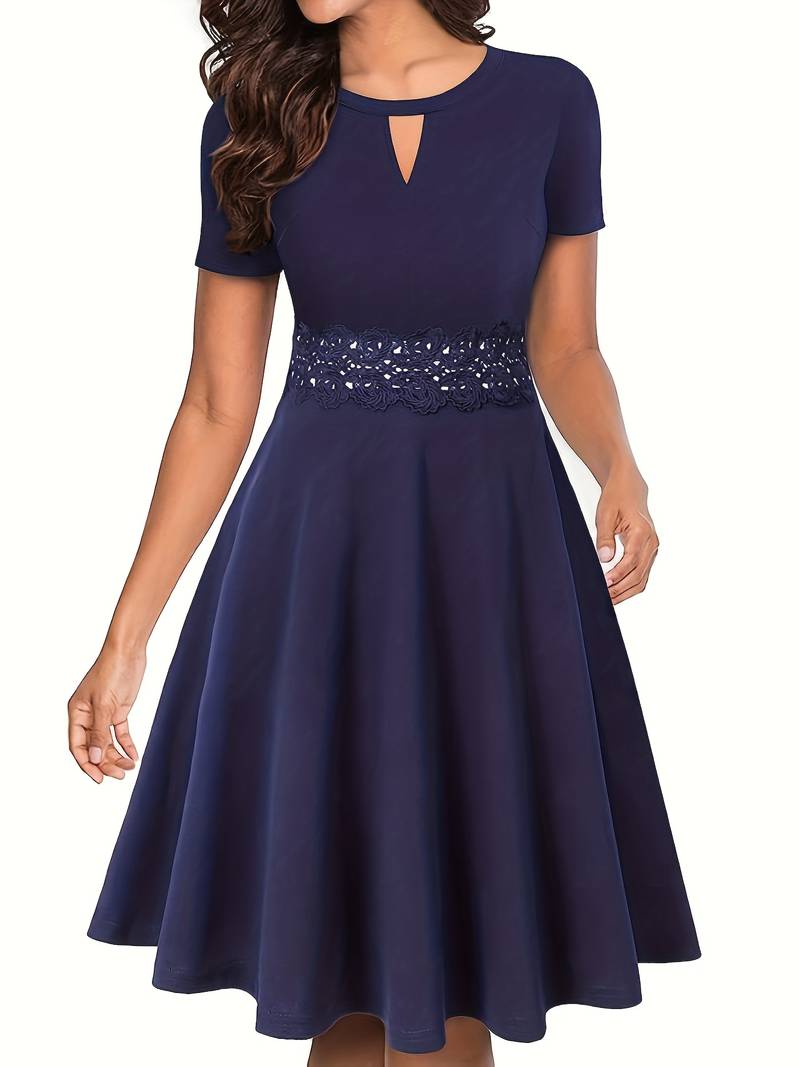 Chic Blue Dress Featuring Lace Accents and a Tailored Waist