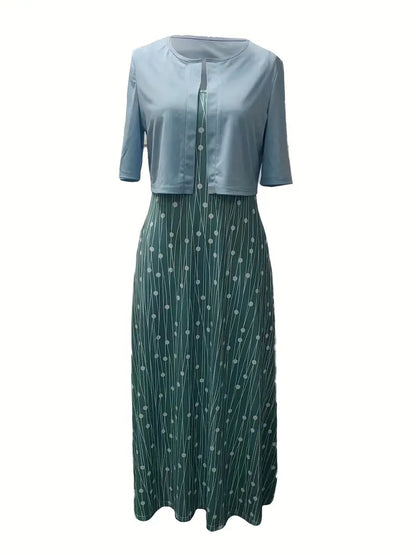 Stylish Floral Two-Piece Dress Set with Solid Crop Top and Round Neckline