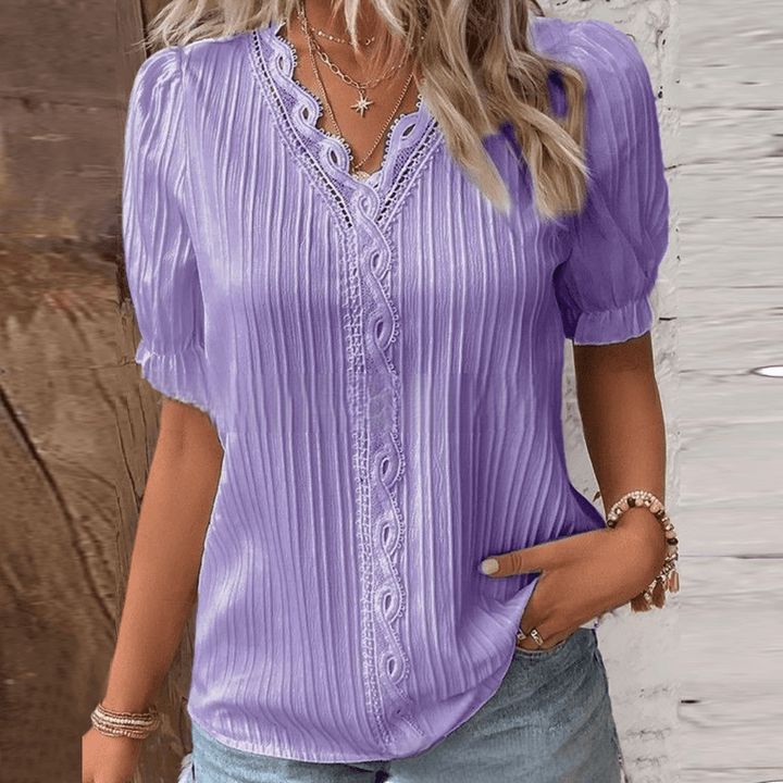 Elegant V-Neck Blouse with Subtle Lace Accents
