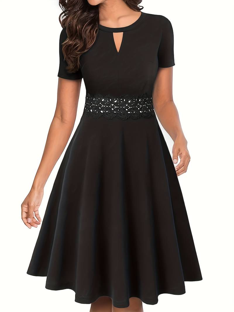 Chic Blue Dress Featuring Lace Accents and a Tailored Waist