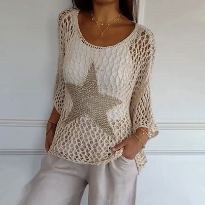 Round Neck Women's Crochet Knit Mesh Top