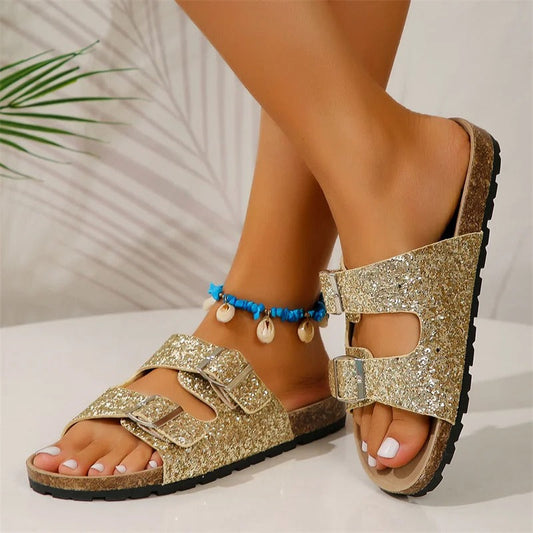 Double Buckle Sequin Sandals for Women